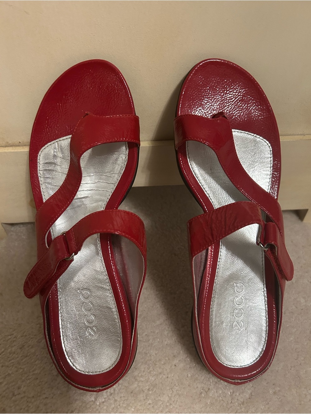ECCO Women's Red Leather Sandals with Silver Footbed